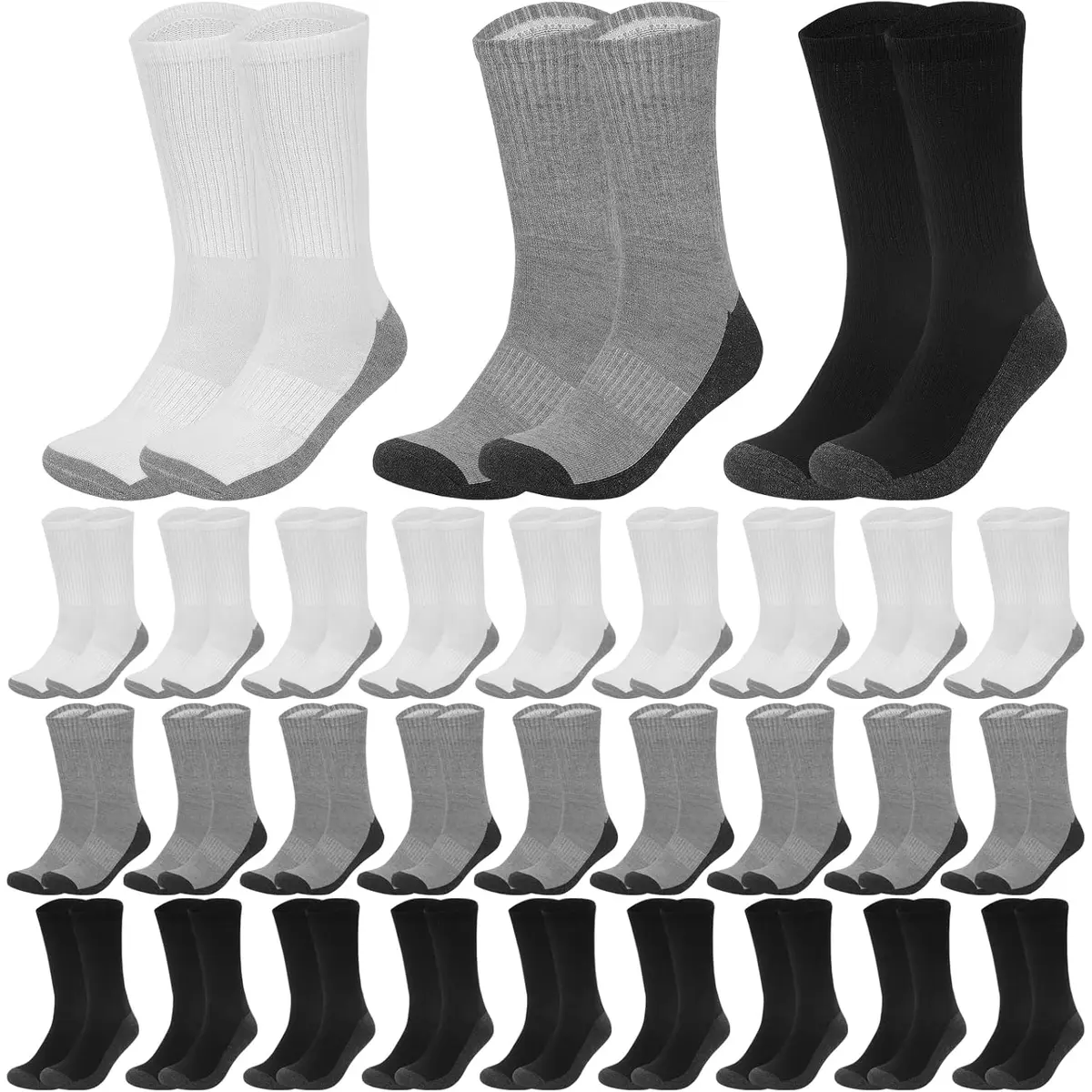 20-30-Pair Set Men's Cushioned Crew Socks for Running Outdoor Sports Work in Classic Black White & Gray High-Quality Soft Comfortable Durable - Tubesocks