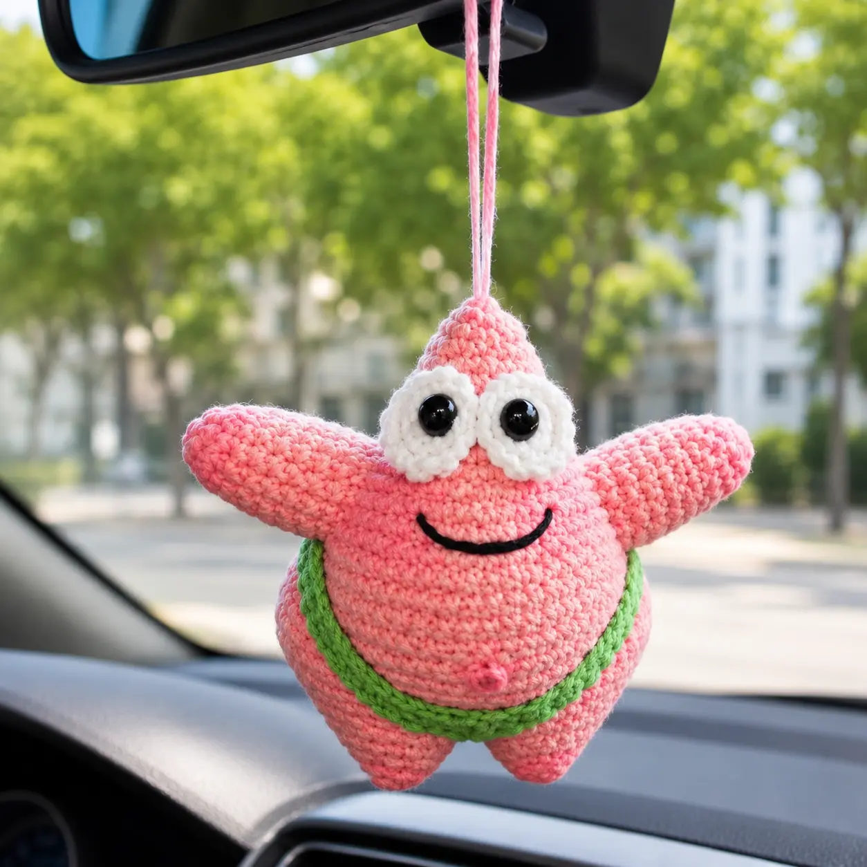 Pink Starfish Crochet Car Hanging Charm, Handmade Amigurumi Starfish Plush, Cute Car Mirror Decor, Funny Kawaii Hanging Ornament, Gift for Starfish Lovers