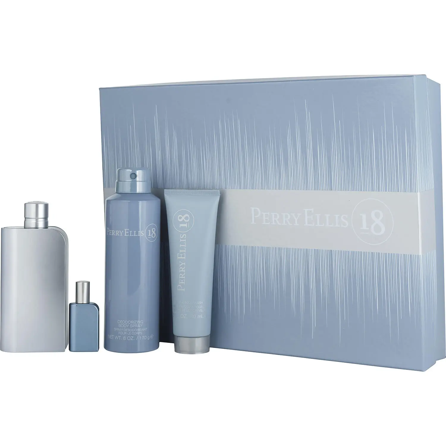 Perry Ellis 18 Set-Edt Spray 3.4 Oz & Hair & Body Wash 3 Oz & Body Spray 6.0 Oz & Edt Spray 0.25 Oz Mini For Men