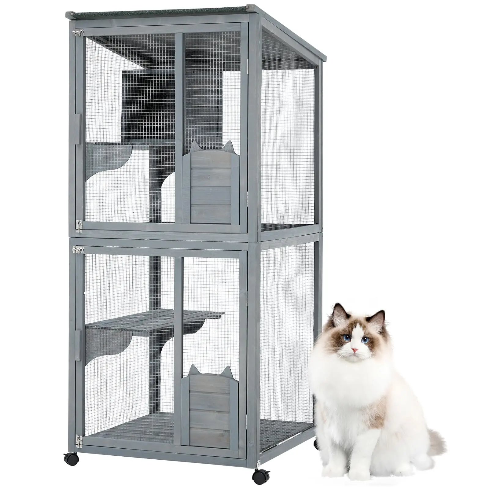 Garvee 4 Tier Cat Enclosure, 69  Inch Large Catio with Wooden Cabin,  Weatherproof Roof, Lockable Caster, Solid Steel, Spacious for Multi-Cat Families, Outdoor and Indoor Use, Grey