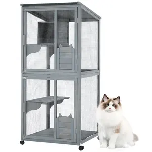Garvee 4 Tier Cat Enclosure, 69  Inch Large Catio with Wooden Cabin,  Weatherproof Roof, Lockable Caster, Solid Steel, Spacious for Multi-Cat Families, Outdoor and Indoor Use, Grey