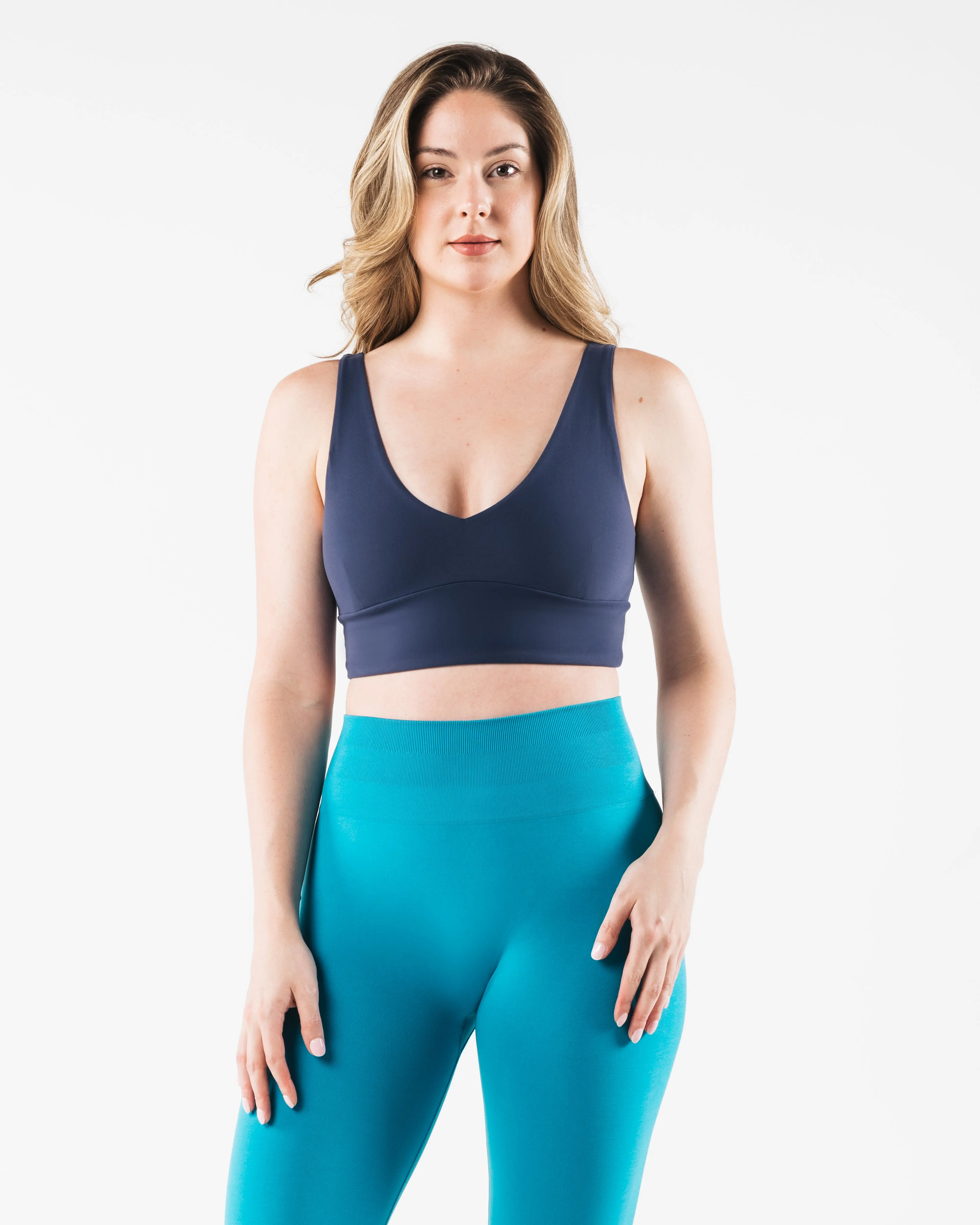 ALPHALETE Celeste Bra in Nocturnal, Women's Deep V-Neck Knit Top for C/D Cups, Buttery Soft Nylon Fabric for High-Intensity Training, Tops, Fit, Wolf, Spandex, Strength Training, Elastane, True To Standard, Nylon Blend, Plunging Neck, Cold Wash, Hang Dry