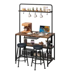 42'' Industrial Kitchen Island Dining Table with Power Outlet, Year‑Ring Grain Microwave Stand with Storage Shelves, 2 Bar Stools & 5 Hooks, Multi‑Functional Coffee Bar for Dining Room & Living Room