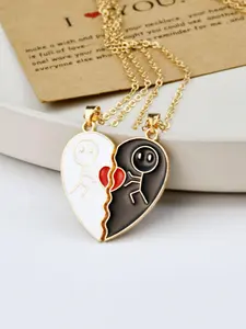 2pcs/set Street Colorblock Heart Shape Pendant Couple Matching Necklace, Charm Necklace, Fashionable Casual Couple Accessories, Holiday Gift for Men & Women Girlfriend Boyfriend without Box, Valentine's Day, Gift, Love Heart Necklace