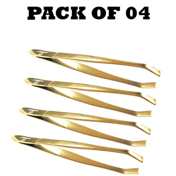 Forgica Gold Tweezers Curved Titanium Gold Color For Long Lasting Pack of 04