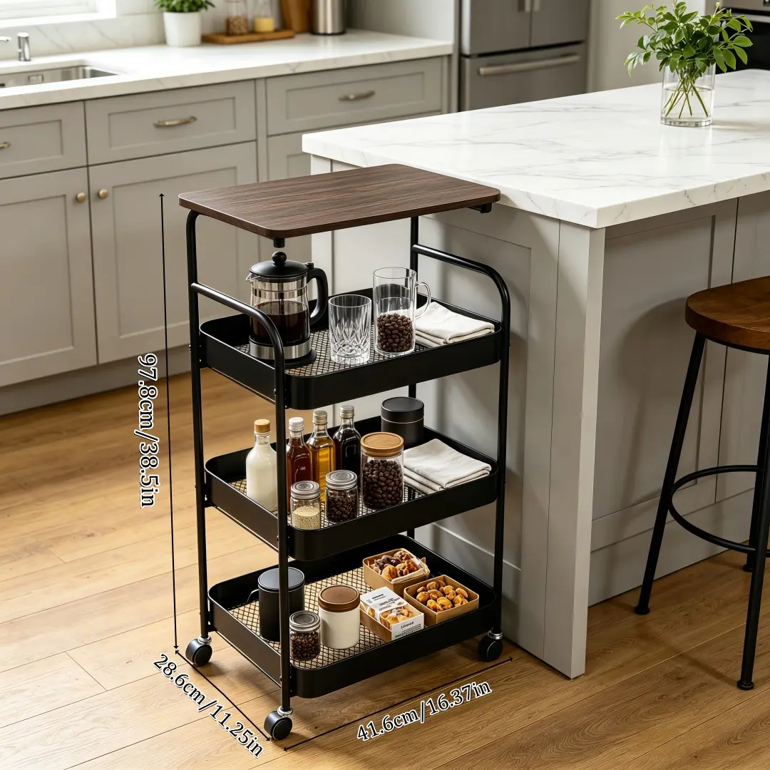 Multi-Functional Rolling Storage Cart, Mobile Tabletop Organizer Trolley With Lockable Wheels,Portable Metal Utility Shelf, Compact Side & Under Desk Storage Rack, Ideal For Kitchen,Bedroom, Bathroom, Home & Office Organizer