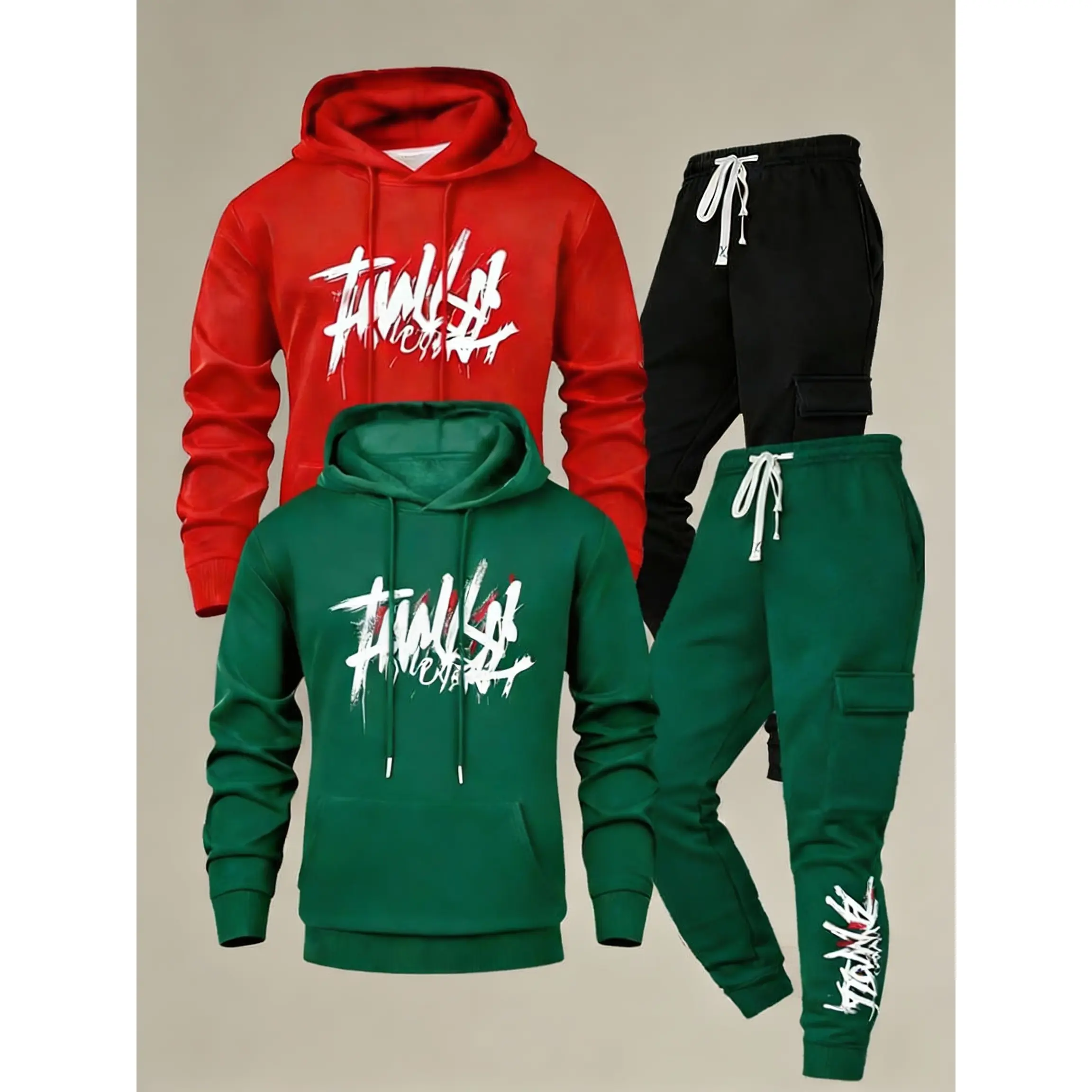 Men's 2-Piece Hooded Tracksuit - Graffiti Design Cargo Jogger Pants Pullover Hoodie Set
