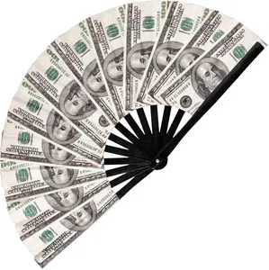 Money Stacks Folding Fan - Large Portable Bamboo Hand Fan for EDM Music Festivals & Events - Lightweight Decorative One-Sided Rave Clack Fan for Men Women