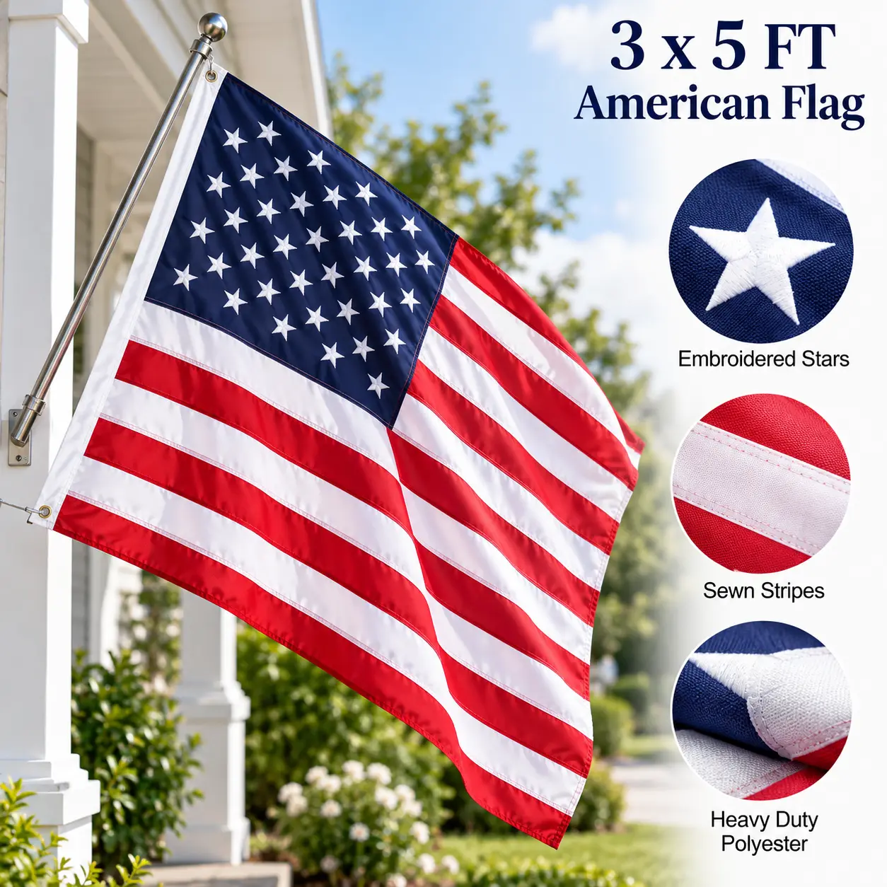 American Flag 3x5 FT, Heavy Duty Polyester US Flag with Embroidered Stars and Sewn Stripes, USA Flag with Brass Grommets for Indoor & Outdoor Use, All Weather American Flag Decoration