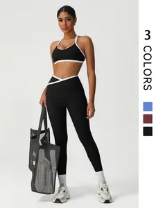 Two-Piece Women's Sports High Elastic Cross Halter Strap Backless Sports Bra & Cross Waist High Waist Tummy Control Yoga Leggings, Comfortable Sportswear for Women, Breathable and Stylish Gym Equipment