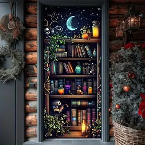 Magic Bookcase Pattern Door Banner, Retro Magic Bookcase Blackout Background Banner, Universal Theme Suitable for Halloween Party Decoration Wall Decor Banner