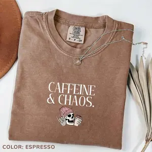 Comfort Colors Caffeine And Chaos T-shirt Vintage Washed Tee Aesthetic Streetwear Casual Everyday Outfit