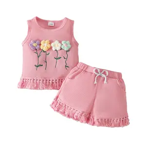0-3Years Toddler Waffle Knit Sleeveless Tank Top With Pocket Shorts Tassel Applique Outfit Set