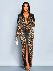 Deep V Leopard Print Patchwork Long Dress Fit, Long Sleeve High Slit Bodycon Skirt, Hot Girl Party Dress A3092 Womenswear