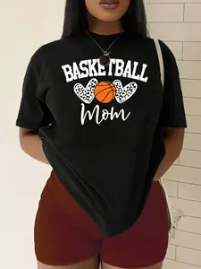 Plus Size Basketball Print Drop Shoulder Tee, Casual Half Sleeve Round Neck T-shirt for Summer, Women's Plus Clothing for Daily Wear