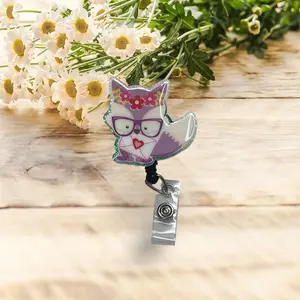 Cute Purple Fox Badge Reel with Glasses & Flowers, Valentine's Day Medical Badge Reel, Interchangeable Options, Belt Clip or Alligator Clip, Perfect Gift for Healthcare Professionals