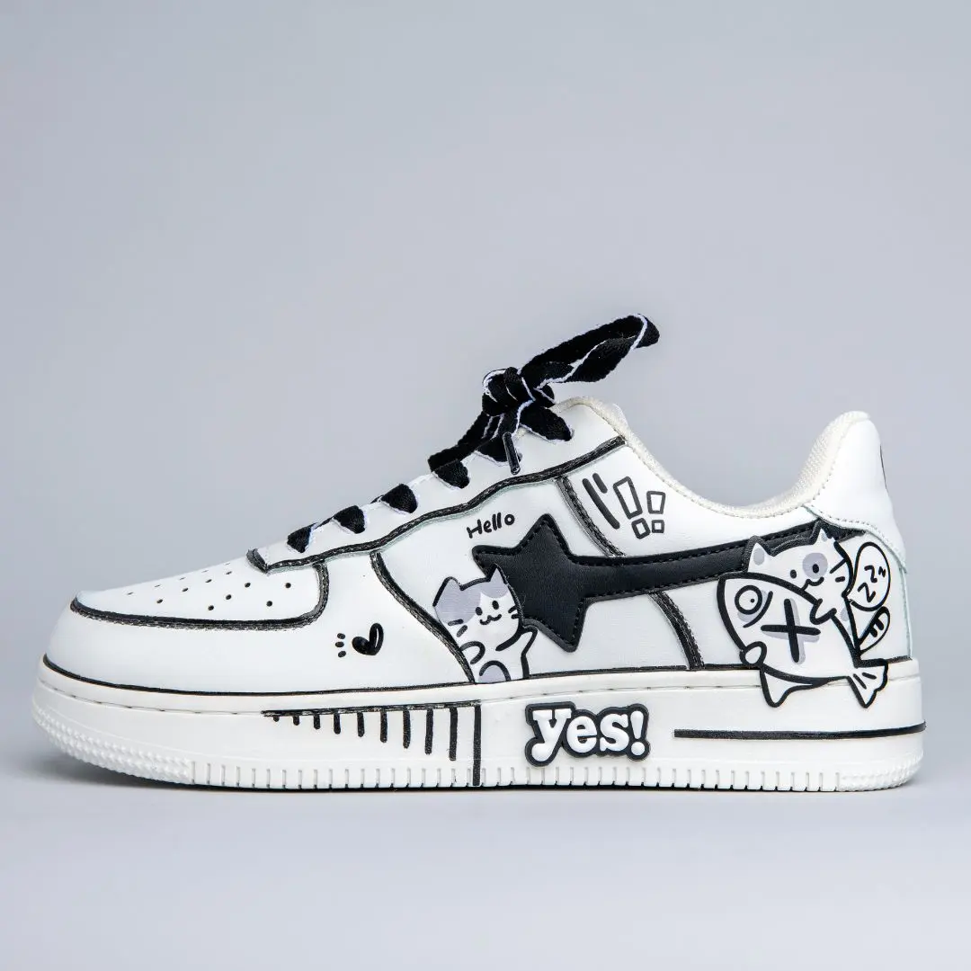 Hand Painted Kawaii Cat Casual White Shoes - Unisex