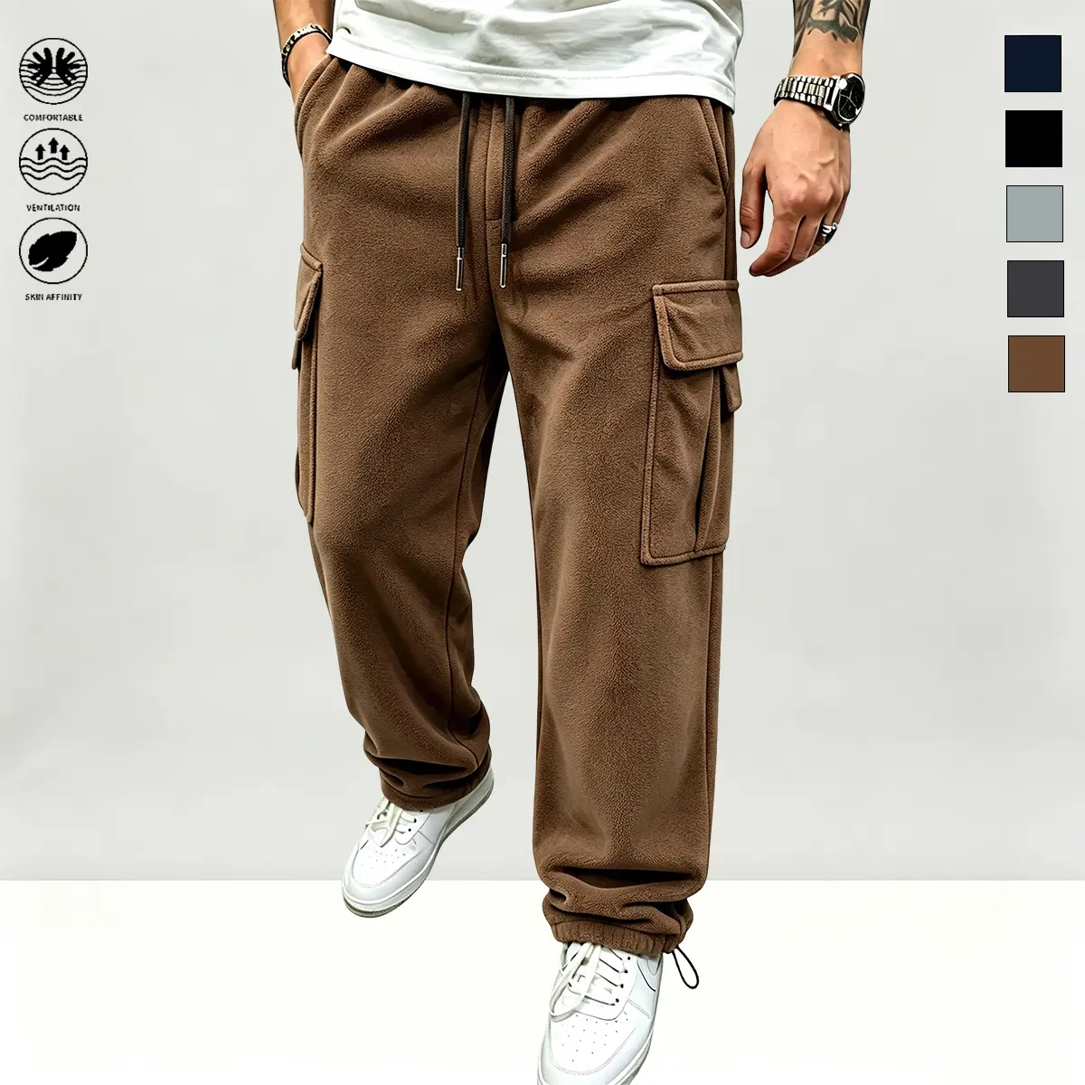 JOGWAVE Menswear Loose-Fit Wide-Leg Polyester Cargo Pants, Spring-Autumn Casual, Large Pockets, Street Style, Machine Washable Men's Pants - Ideal for Outdoor Activities, Everyday Wear