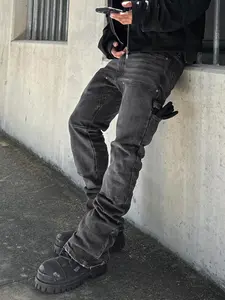 Men's Washed Solid Color Elastic Patchwork High Street Korean Denim Jeans, Casual All Season Wear, Comfortable Fashion Design