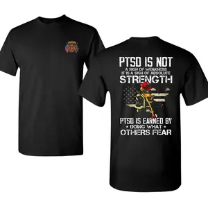 Firefighter PTSD Awareness Shirt with American Flag and Kneeling Hero Graphic, PTSD Is Not Weakness Quote, Soft Cotton Blend Tribute Tee, First Responder Strength Apparel for Men & Women