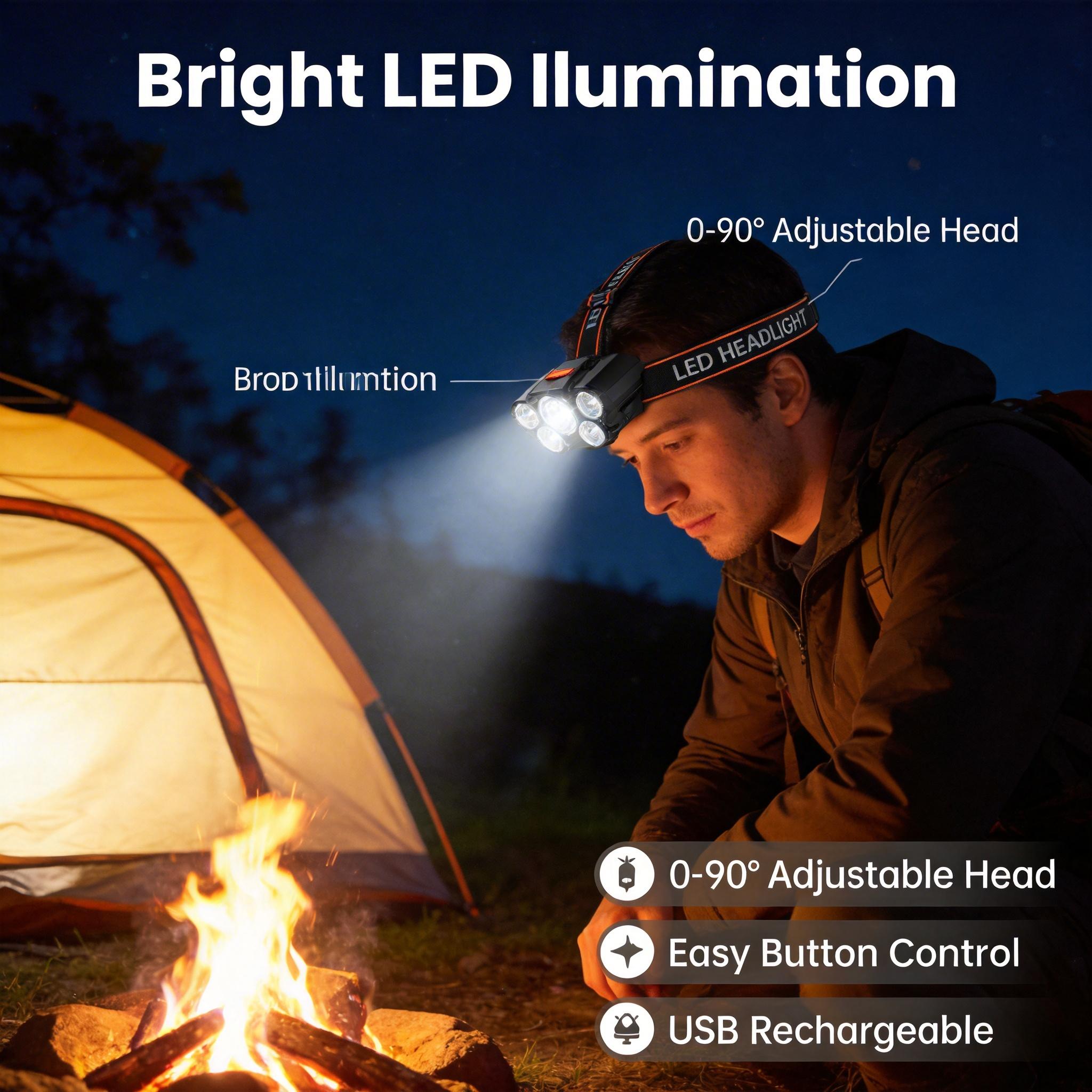 Buy one get one free, a total of 2, multifunctional 5-LED headlamp, head-worn flashlight, outdoor USB rechargeable fishing headlamp, high-brightness four-mode headlamp flashlight, for camping, work, maintenance, car repair, and renovation.