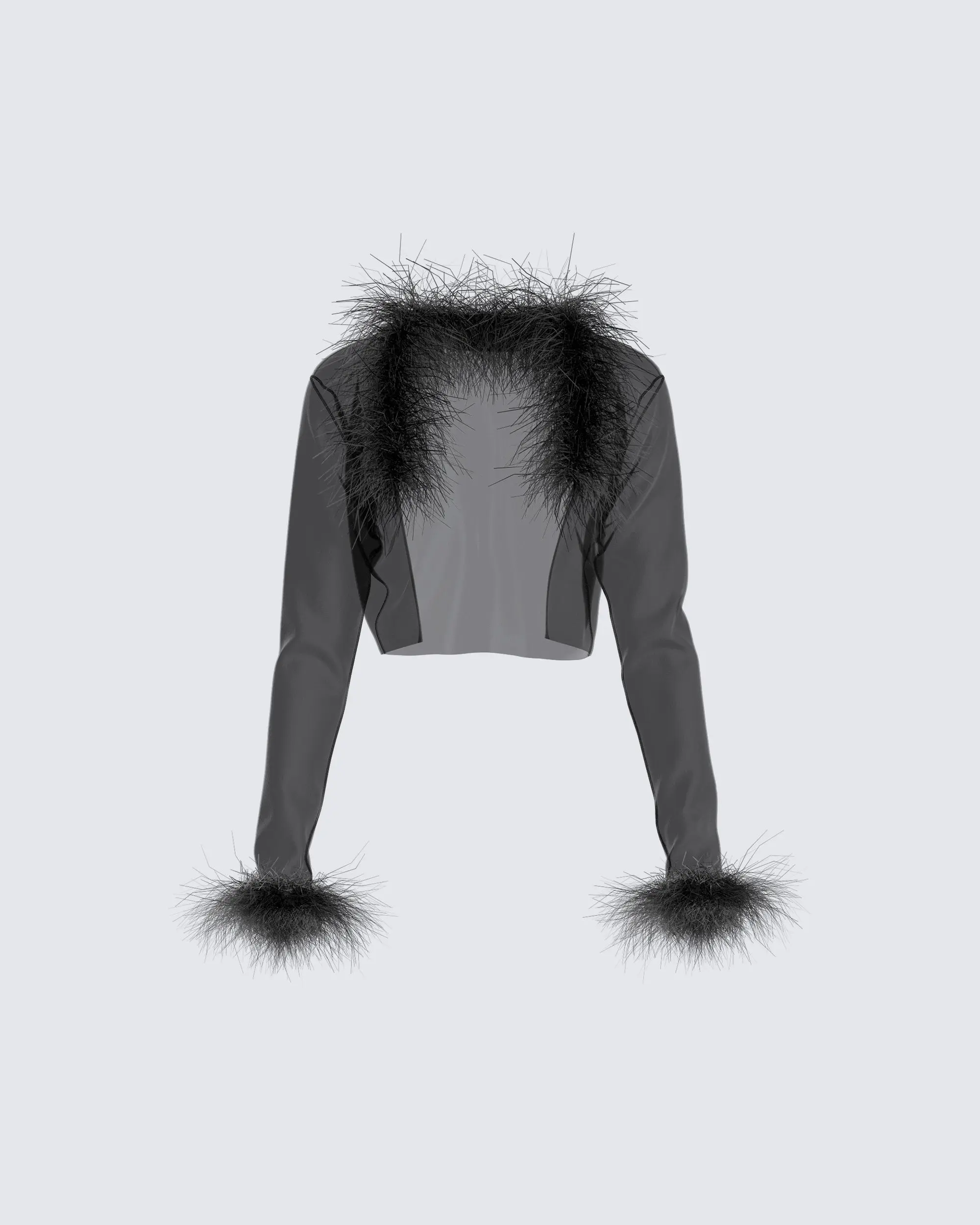 Sheer Feather Trim Jacket for Women, Glamorous Cropped Bolero Cover Up with Long Sleeves and a Collared Neck