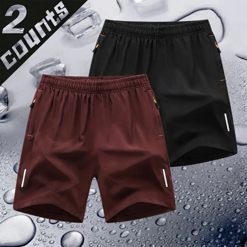 Men’s quick-dry athletic shorts, two-pack, American casual sporty style. Ice silk fabric is breathable and skin-friendly, wicks away sweat, and has zippered pockets for secure phone storage. Reflective side stripes enhance nighttime safety. Elastic drawst