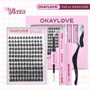 OKAYLOVE Vixen Lash CLusters Kit, Manga Lash Extension with Waterproof Long-lasting Lash Bond and Seal,Tweezers and Remover for DIY Eyelash at Home Easily, Natural Makeup Girl Gifts