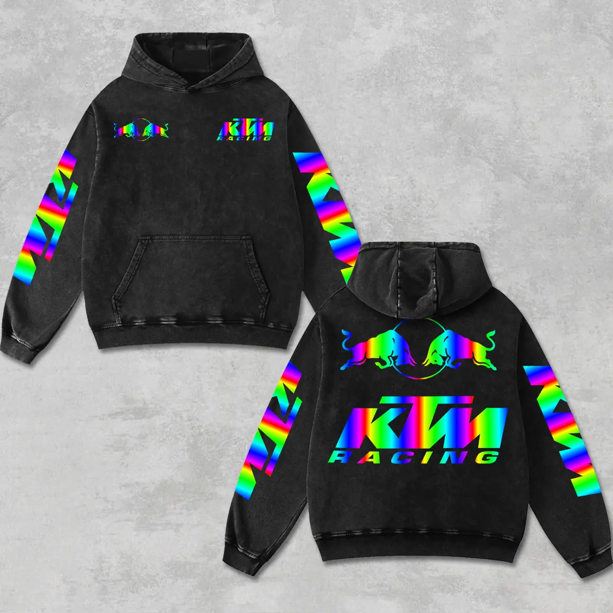 Retro Rainbow Redbull x KTM Racing Hoodie Acid Washed, Motor World Championship Enthusiast, Motorcycle Off-Road Dirt Bike Graphic Streetwear, Heavyweight Biker Sweatshirt, Retro Moto Gear Motorbike Apparel Men’s Grunge Y2K Racing Jacket Style