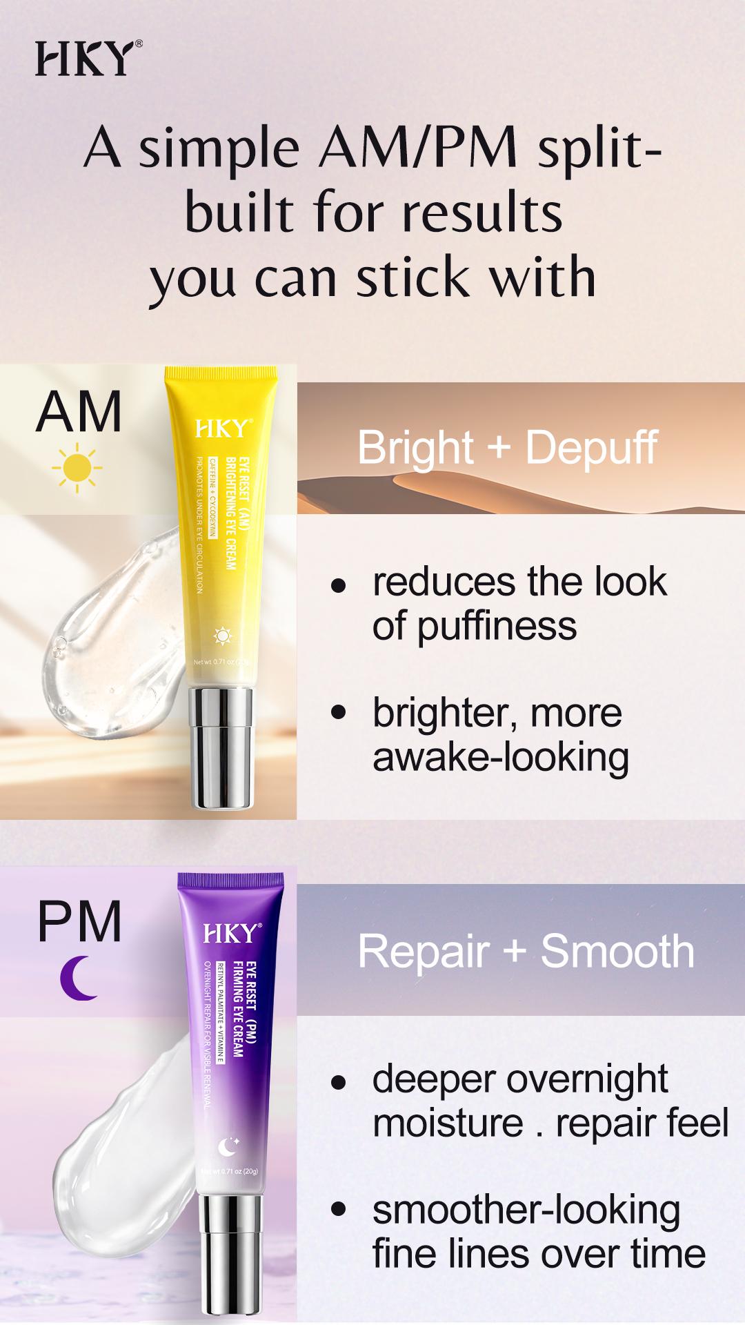 HKY Day & Night Eye Cream Set, AM Caffeine Under Eye Brightener for Dark Circles & Puffiness, PM Anti-Aging Collagen Treatment for Fine Lines & Wrinkles. Korean Skincare Firming Moisturizer Duo for Smooth Radiant Skin. Lightweight Hydrating Anti-Aging Kit