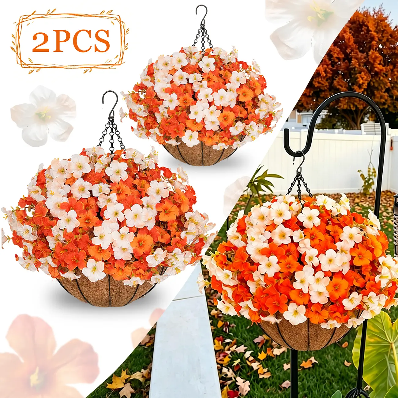 2Pcs Fall Artificial Petunia Hanging Baskets, UV Resistant Faux Flowers DIY Kit, Coconut Liner Hanging Planter for Porch Patio Garden Thanksgiving Halloween Autumn Home Outdoor Decor(New)