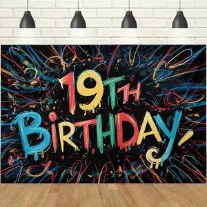 1pc, 2d, 19th Birthday Graffiti Backdrop, Colorful Doodle Neon Design, 19th Birthday Banner, Perfect for Adult Party, Cool Gathering, Photoshoot Background