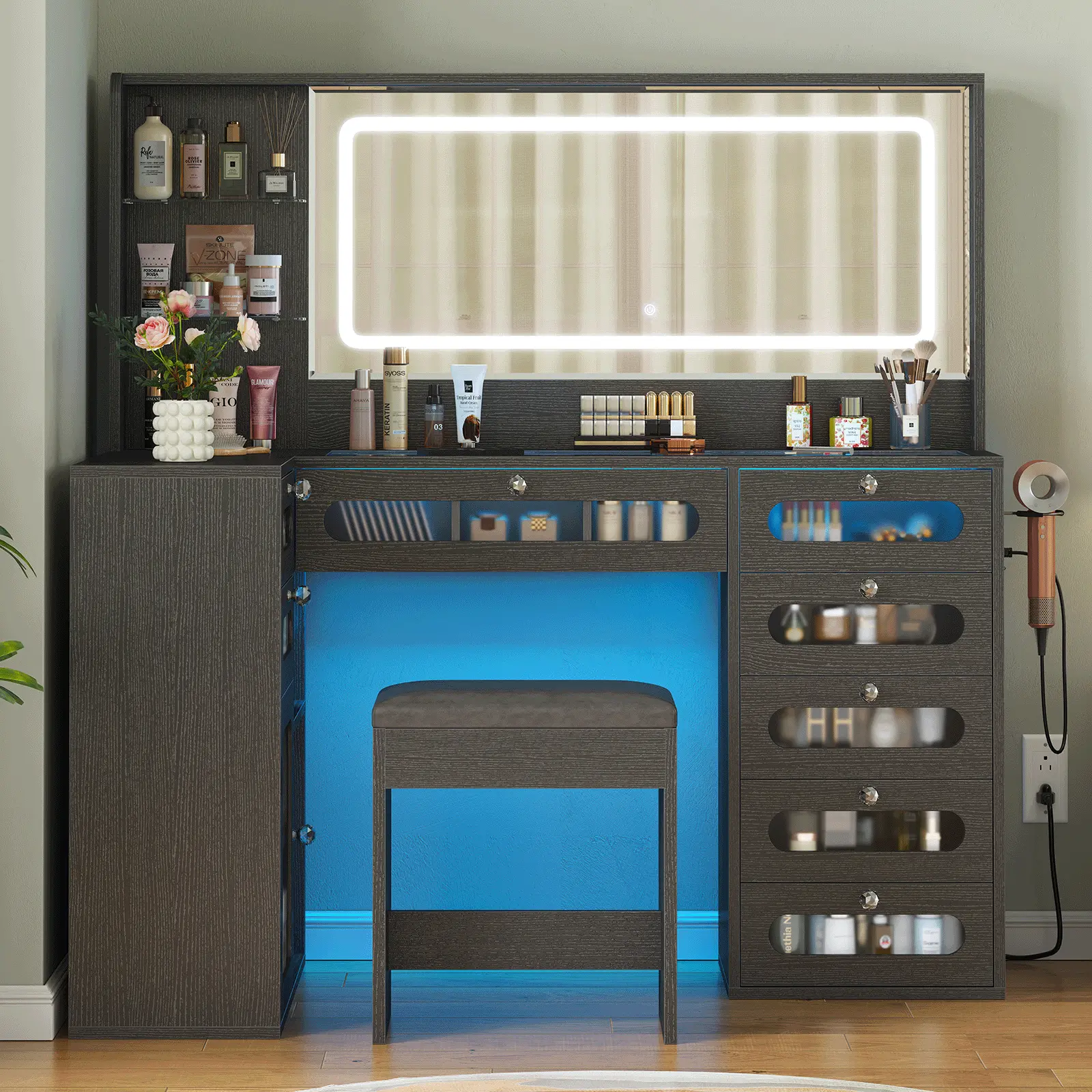 Bedroom Makeup Dressing Station, Black LED Illuminated Mirror Vanity Table, Glass Surface, 8 Drawer Storage Cabinets with Integrated Charging Hub