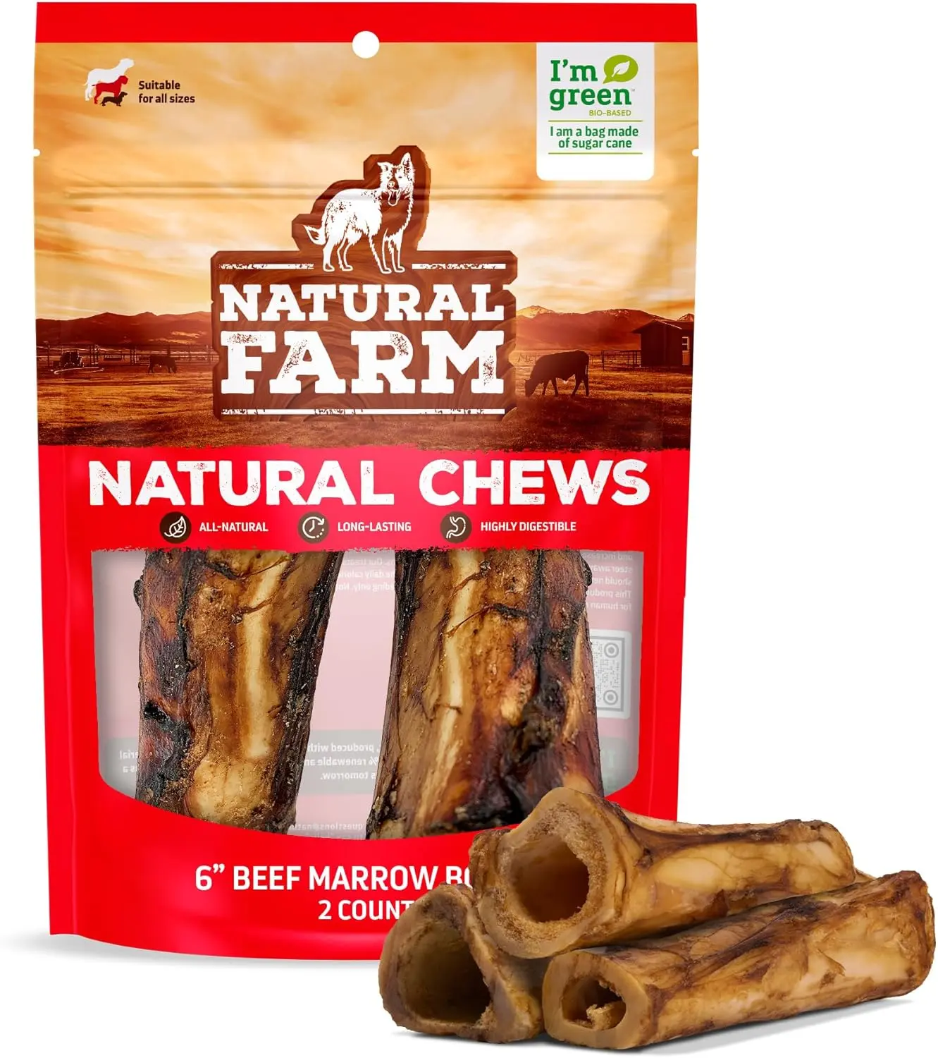 Nature Farm Beef Marrow Dog Bones - 2 Count, 5-6 Inch, 100% Natural, Grain-Free, Hormone-Free, Chemical-Free, Supports Joint & Dental Health