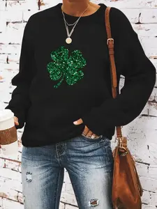 Women's Casual Fitted Four-Leaf Clover Pattern Pullover Knit Sweater, Soft Long Sleeve Round Neck Sweatshirt, All Seasons Wear