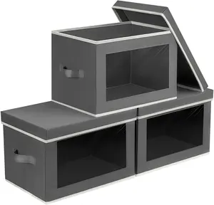 3 Pack Storage Bins with Lids - Fabric Storage Boxe with Window, Collapsible Closet Organizers with Handles,  Decorative Bin, Home Cubes Baskets for Clothes, Hat, Books, Dark Grey