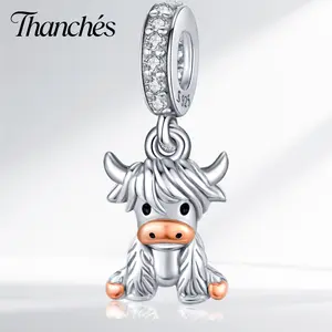 Thanches Highland Cow Charm S925 Sterling Silver Scottish Cut Animal Jewelry Cow Charm Bracelet Bead Gift for Women Mom Daily Decor Fluffy Pendant