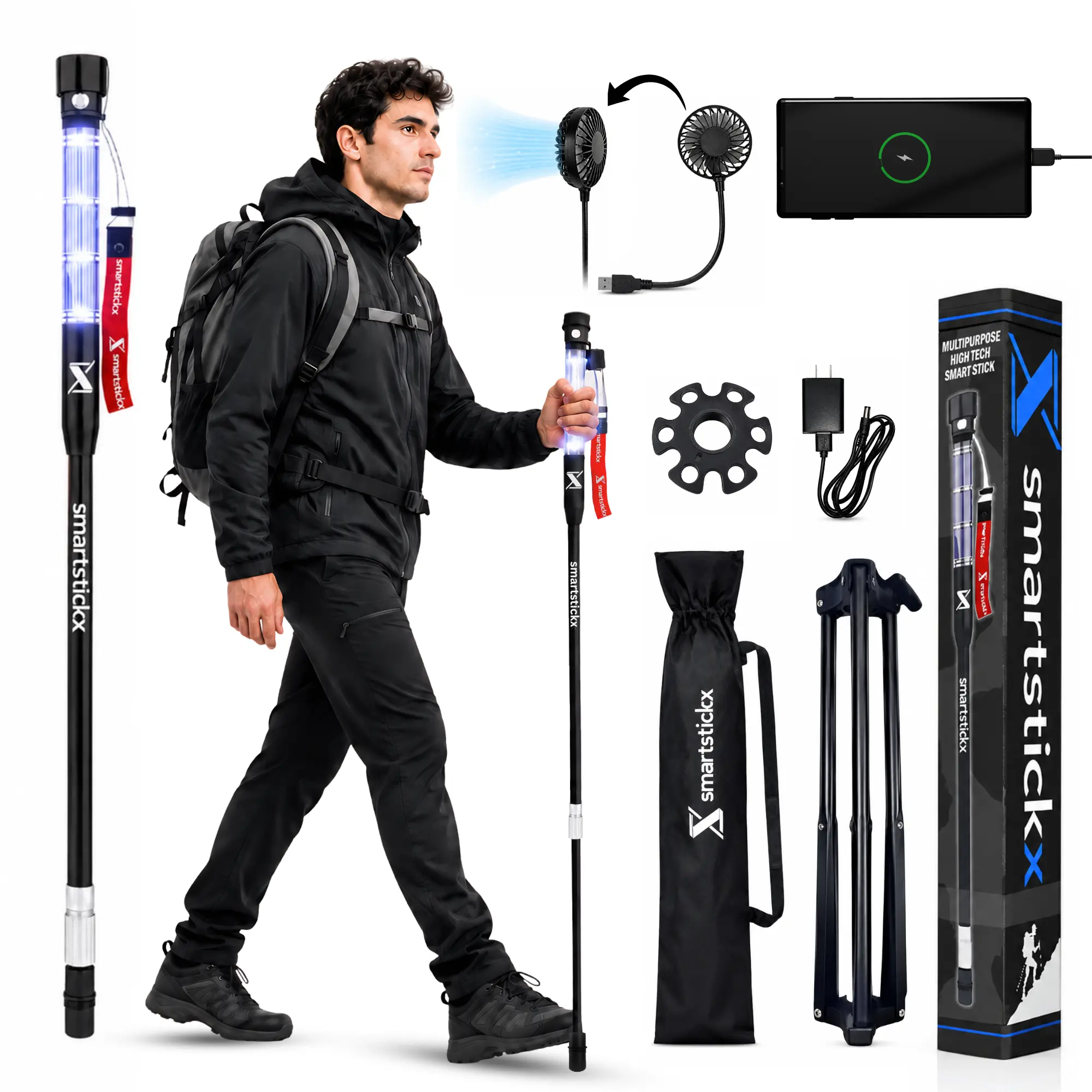 SmartstickX Tactical Walking Stick with Stun Gun - The Ultimate Self-Defense, Light & Power Companion for Every Adventure