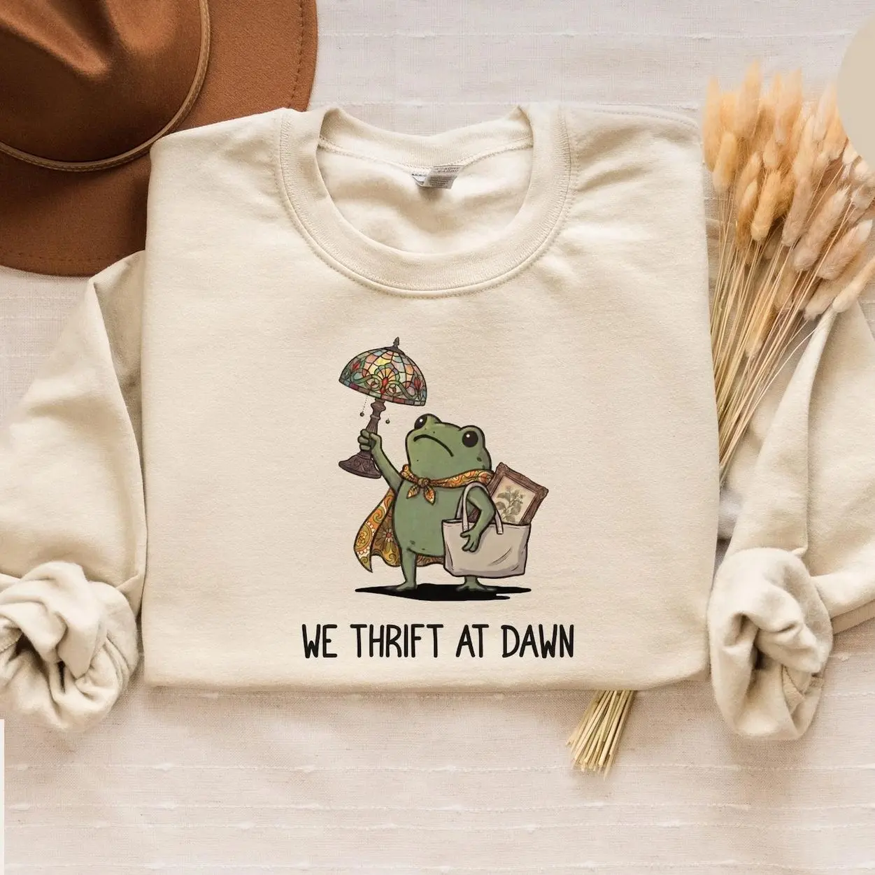 We Thrift At Dawn Sweatshirt, Funny Frog Meme Thrifting Sweatshirt, Thrift Lover, Vintage Collector Gift, Trending Graphic Sweatshirt, Comfortable Menswear & Womenswear Top, Perfect Gift For Men And Women, Aug1