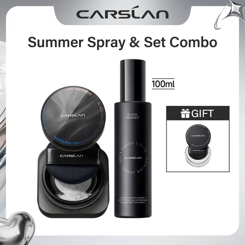 [2.0]CARSLAN Black Magnet Soft Focus Make-up Powder+Liquid Powder Makeup Setting Spray, 24HLongglasting, Oil Control, Waterproof, Blurring Pores Summer Spray & Set Combo