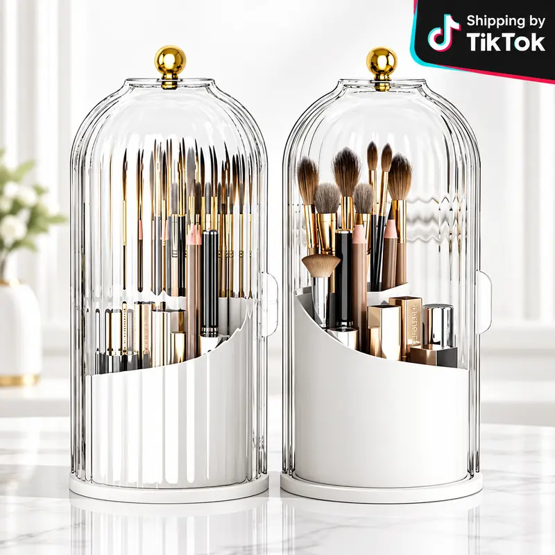 Sturdy Plastic Beauty Organizer Box - 360° Rotatable Multilayer Storage, Oval Shape, Dustproof Cover, Brush Cylinder, 3-Compartment 1 Pcs Toothbrush Holder, Waterproof, Sturdy Plastic Resists Daily Wear, Bathroom Countertop Use
