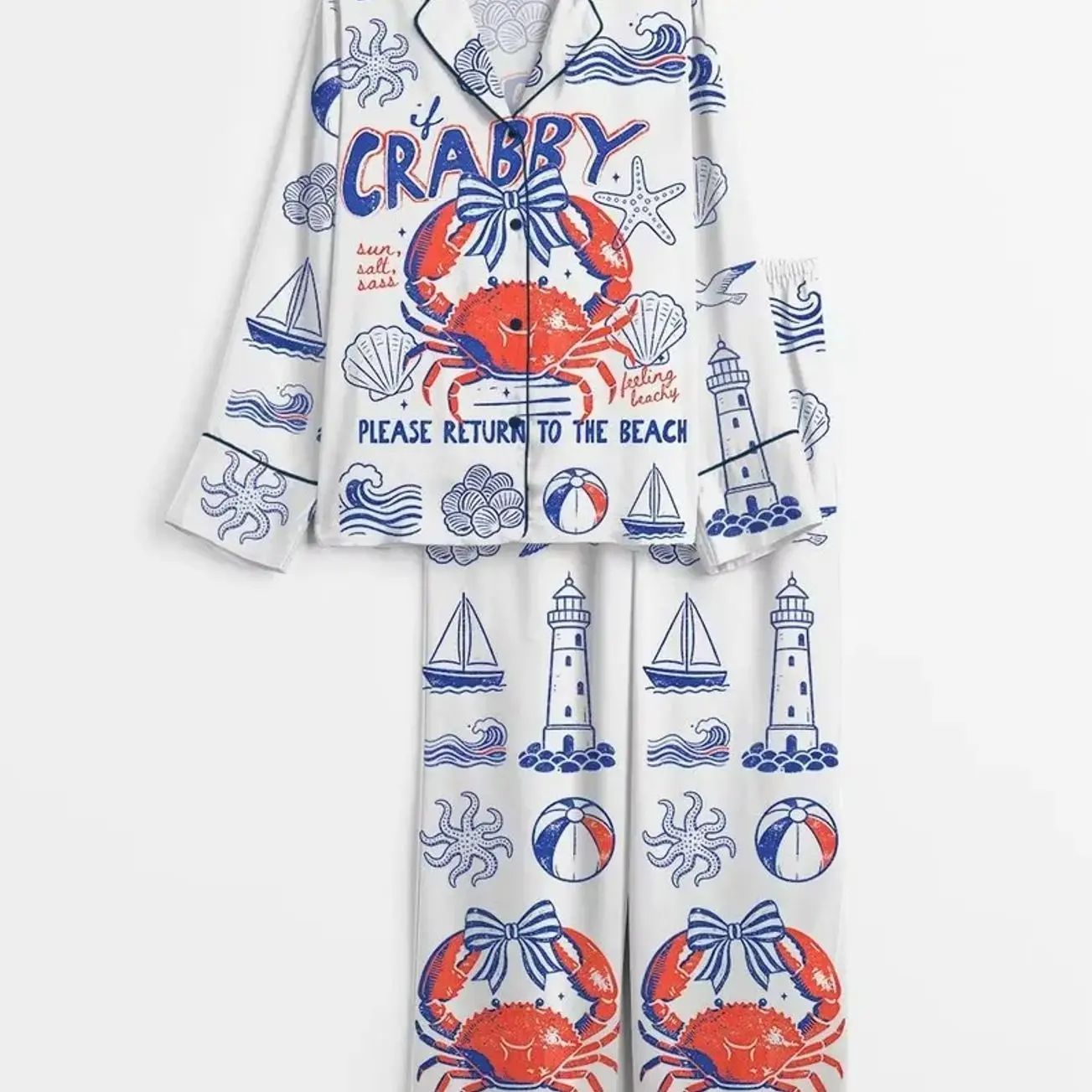 Women’s If Crabby Return to the Beach Summer Vacation Long Sleeve Pajama Set 3D1