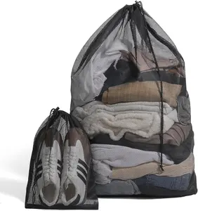 2 Pack Mesh Laundry Bags - Large & Small Heavy Duty Mesh Laundry Bag with Drawstring, Wash Bags for Travel, College, Dorms, Sports, Family, Black