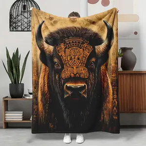Native American Bison Flannel Blanket, Tribal Spirit Buffalo Art Soft Throw, Cozy Warm Mystical Gift for Him Her, Boho Southwestern Home Decor for Couch Sofa Bed, AC Room Summer Blanket, Birthday Christmas Gift for Bison Lovers, Totem Throw