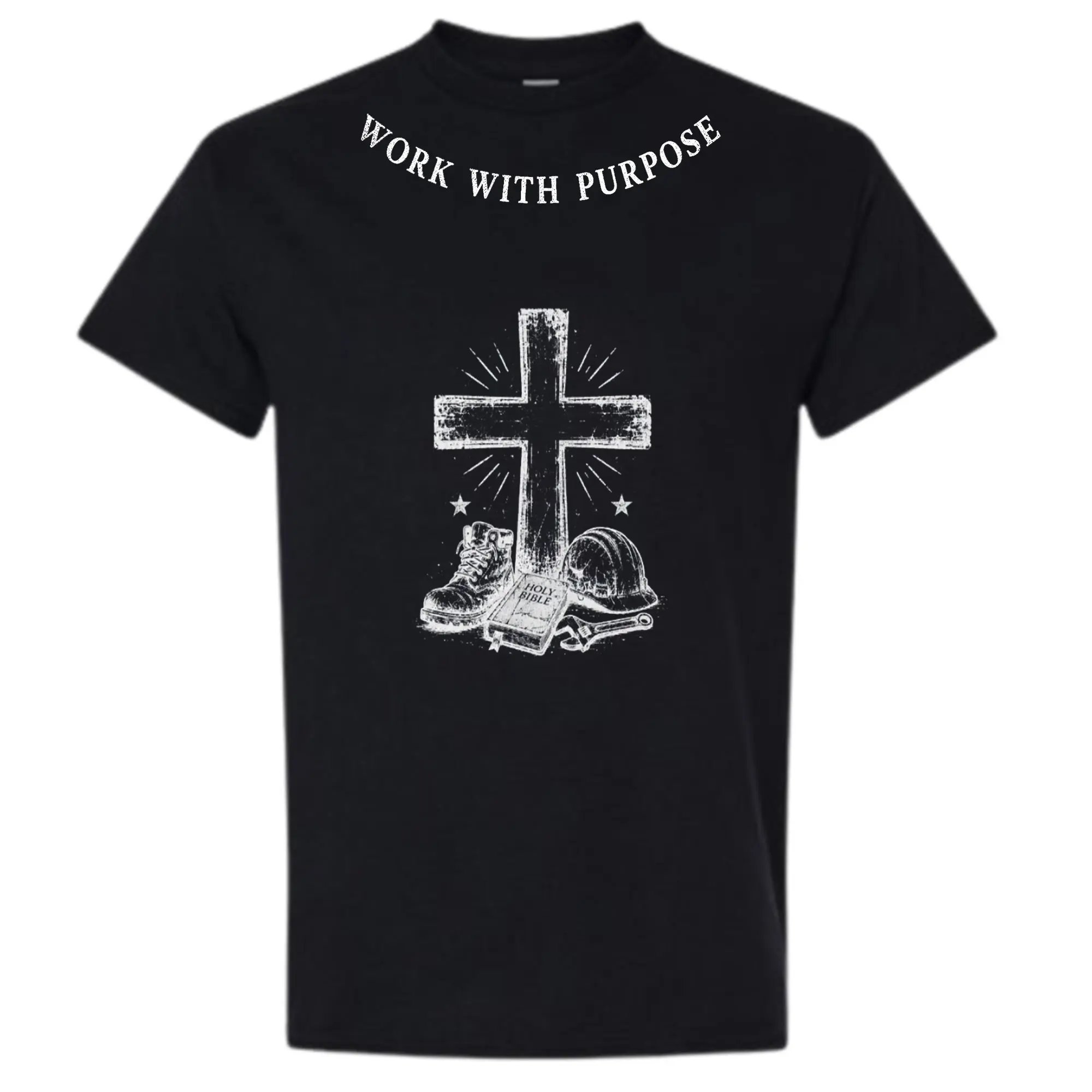 [100% Cotton] Work With Purpose T-Shirt, Christian Blue Collar Graphic Tee, Faith Work Shirt, Vintage Cross Bible Tshirt, Construction Worker Religious Tee, Inspirational Workwear Gift For Men Dad Husband