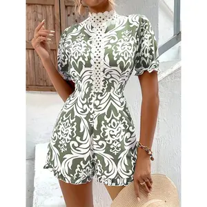 2026 New Baroque Print High-Waist Plisse Lace Jumpsuit Fashion Sexy Casual Vacation Office Wear