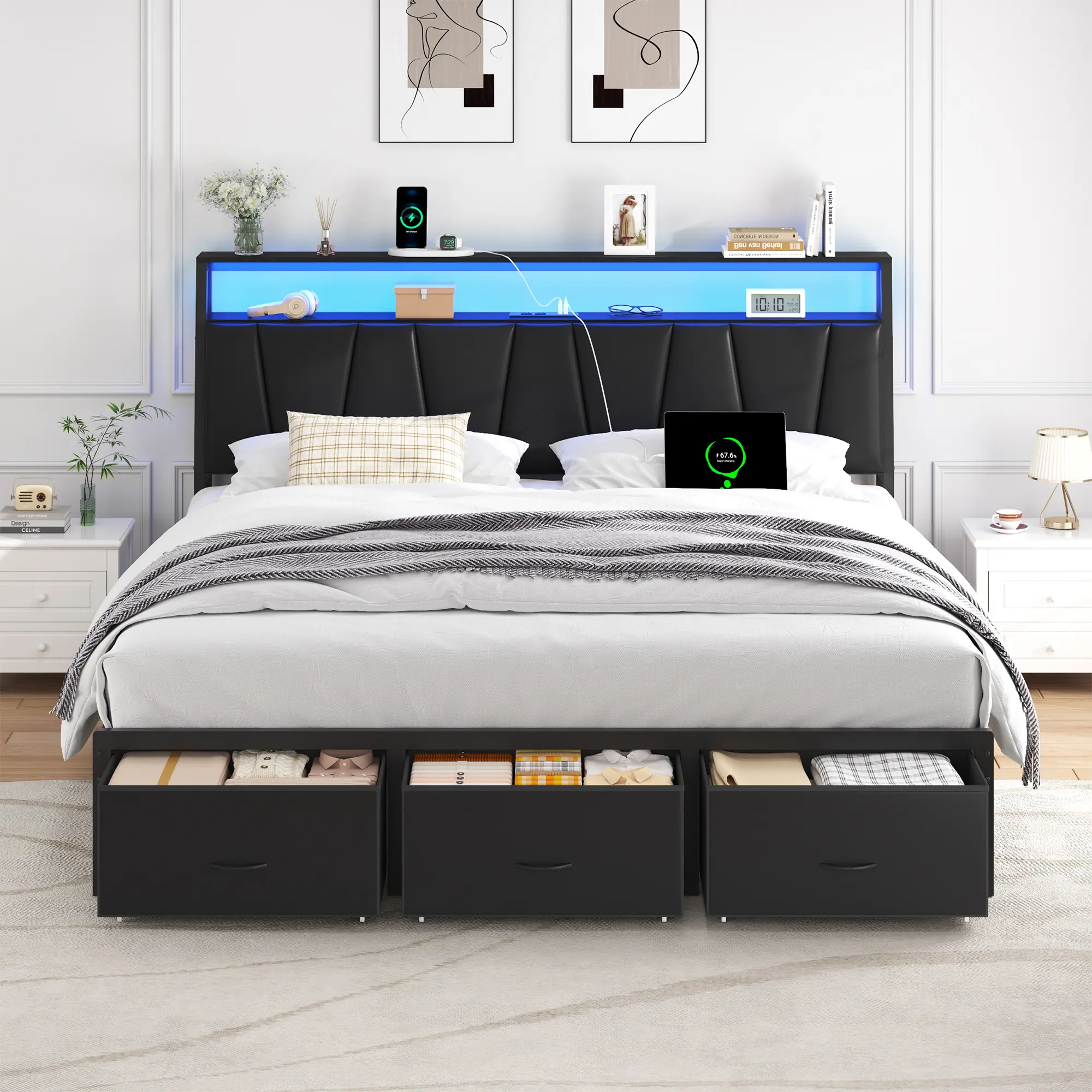TryLazy Bed Frame with LED Light and 2/3 Storage Drawers, Metal Platform Bed with Storage Headboard & USB and Type-C Ports, Heavy-Duty Slats, No Box Spring Needed, Easy Assembly
