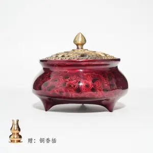 Handmade Chinese Lacquerware Incense Burner, Traditional Three-Legged Censer with Brass Lid & Incense Holder, Home Aromatherapy Decor