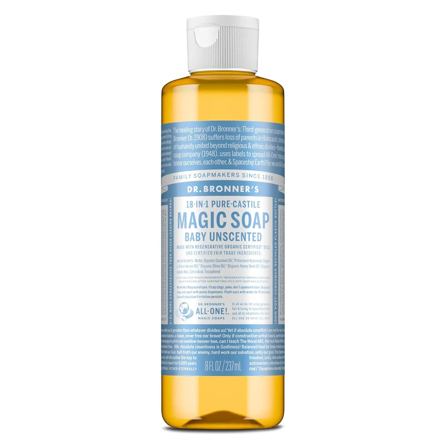 Dr. Bronner's Baby Unscented Pure-Castile Liquid Soap, No Fragrance, 8 oz | Body Wash, Gentle on Sensitive Skin, 18-in-1 Uses: Hands, Face, Hair, Laundry, Pets & More - Fair Trade & Organic Ingredients