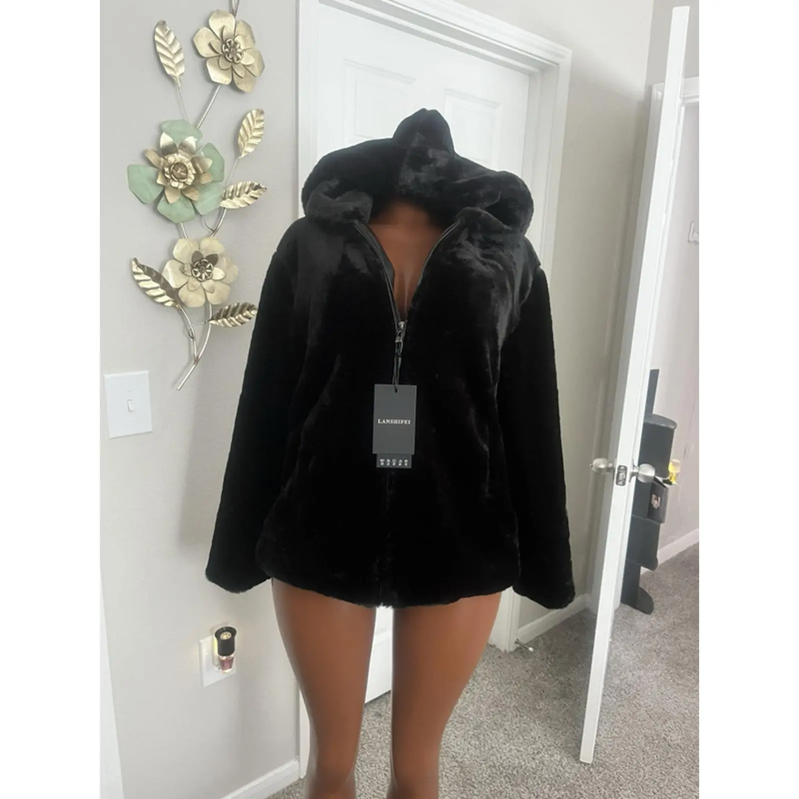 Black Velvet Hooded Jacket, Size L, $50, Soft and Cozy, Perfect for Cold Weather